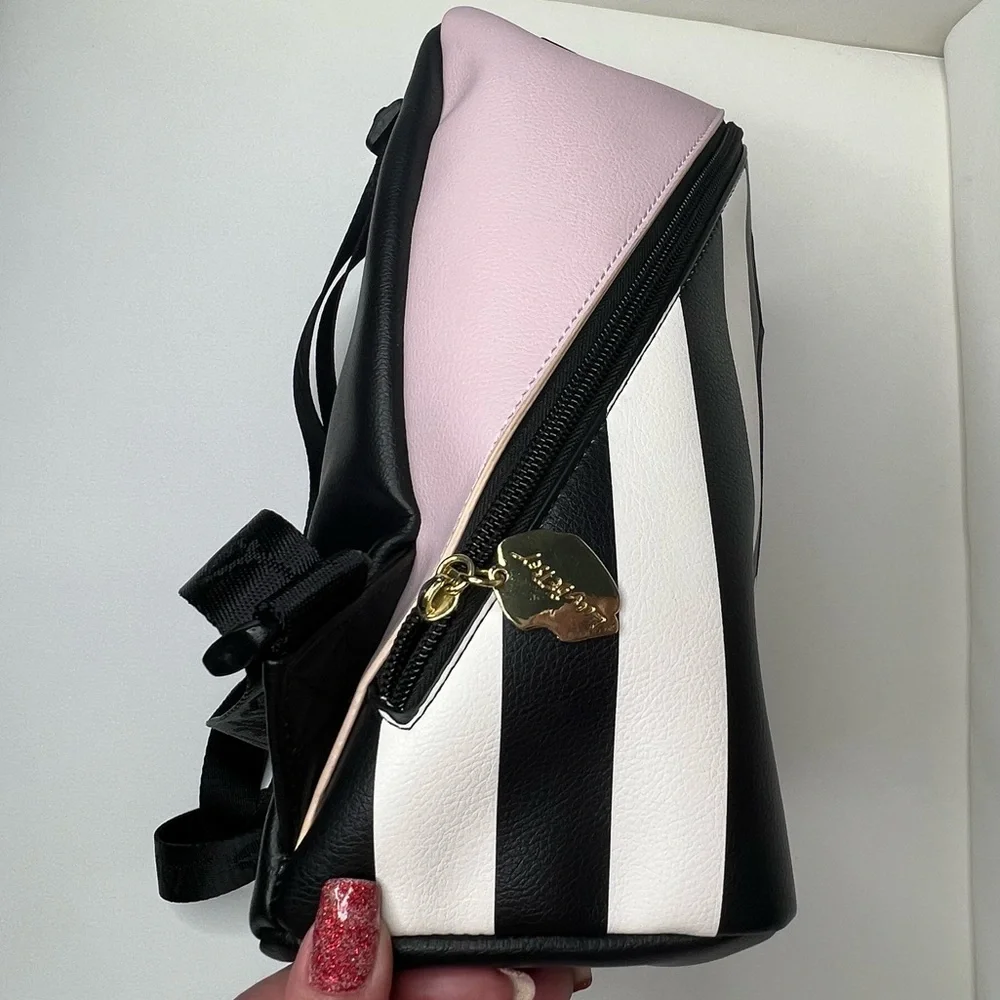 Betsey Johnson Backpack Kitty Cat Pink Black Stripes Luv Betsy zip closure